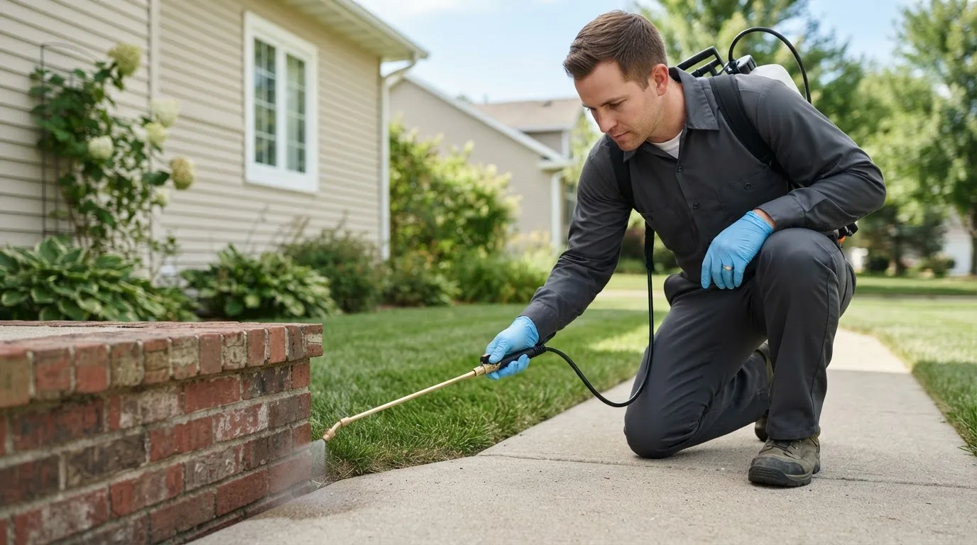 Pest control technician treating a home near Cameron, MO